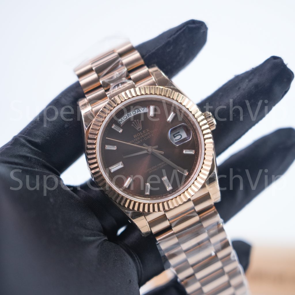 Rolex Day-Date 40 228235 18K Rose Gold Chocolate Sunray Dial Baguette Diamond Markers Fluted Bezel President Bracelet 40mm Replica Watches - 3-6-scaled