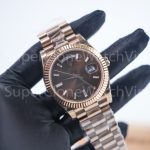 Rolex Day-Date 40 228235 18K Rose Gold Chocolate Sunray Dial Baguette Diamond Markers Fluted Bezel President Bracelet 40mm Replica Watches - 3-6-scaled