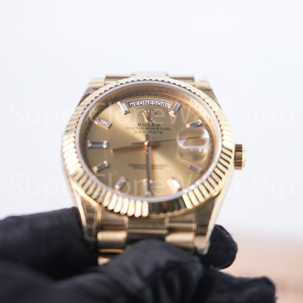 Rolex Day-Date 40 228238 18K Yellow Gold Champagne Sunray Dial Baguette Diamond Markers Fluted Bezel President Bracelet 40mm Replica Watches - 8-10-scaled